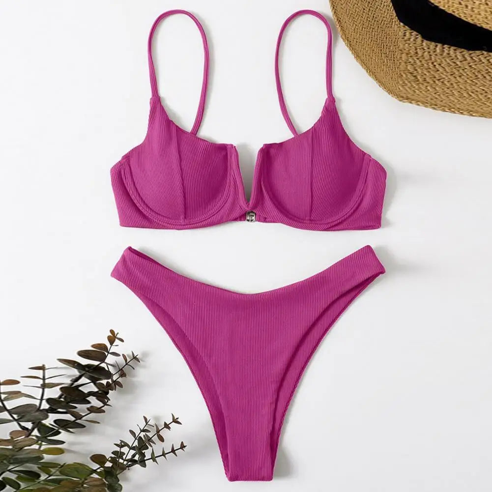 V Neck Textured Bikini