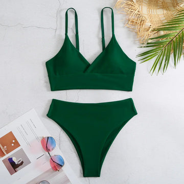 High Waist Solid Color 2 Piece Swimsuit